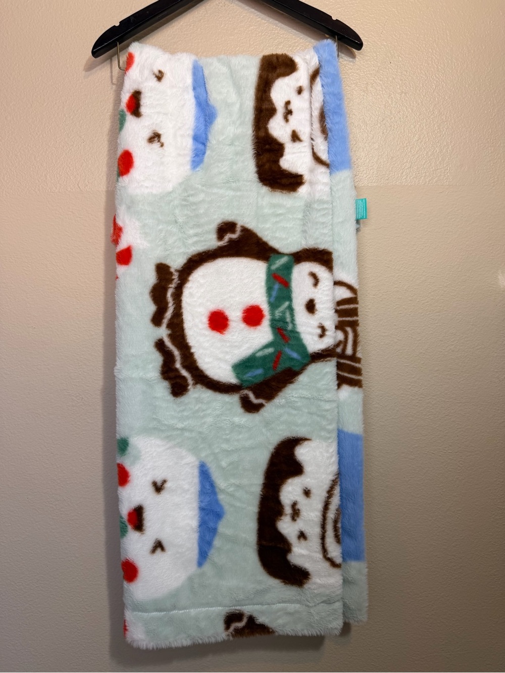 Pillowfort Mint Green Holiday Plush Kids Blanket with Red & Blue Accents